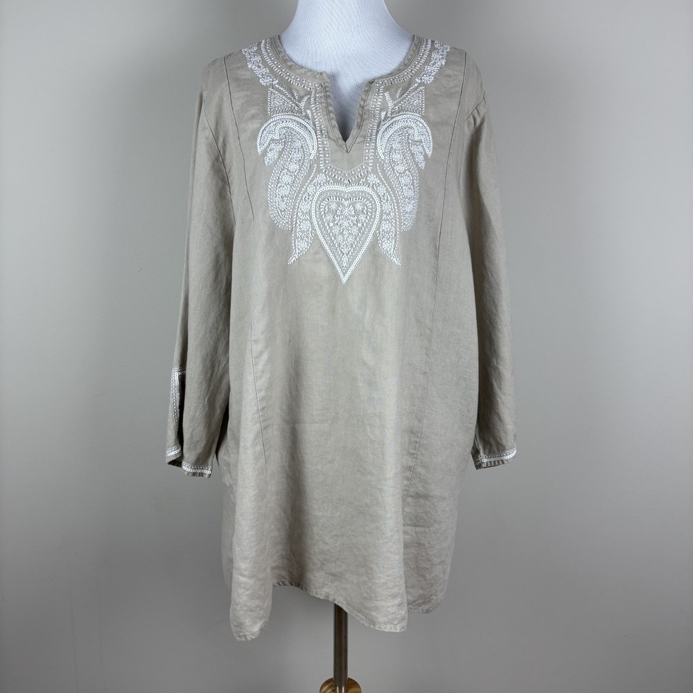 Sympli NYC Tunic Top Womens XL Beige‎ Embroidered Linen Sequin V-Neck 3/4 Sleeve